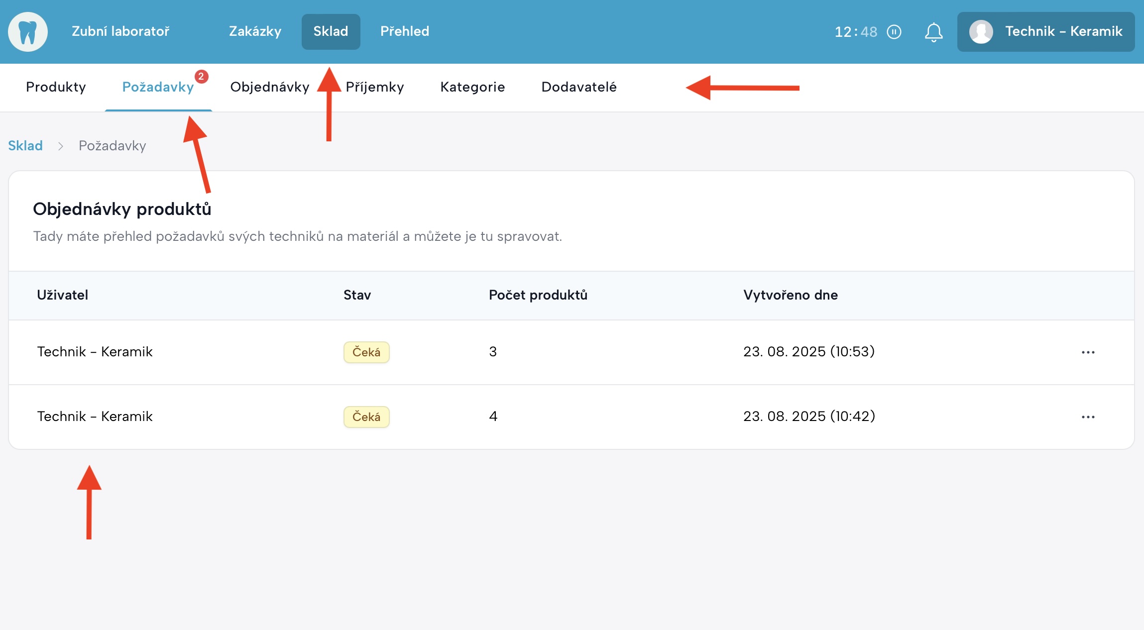 Seznam požadavků pro skladníka