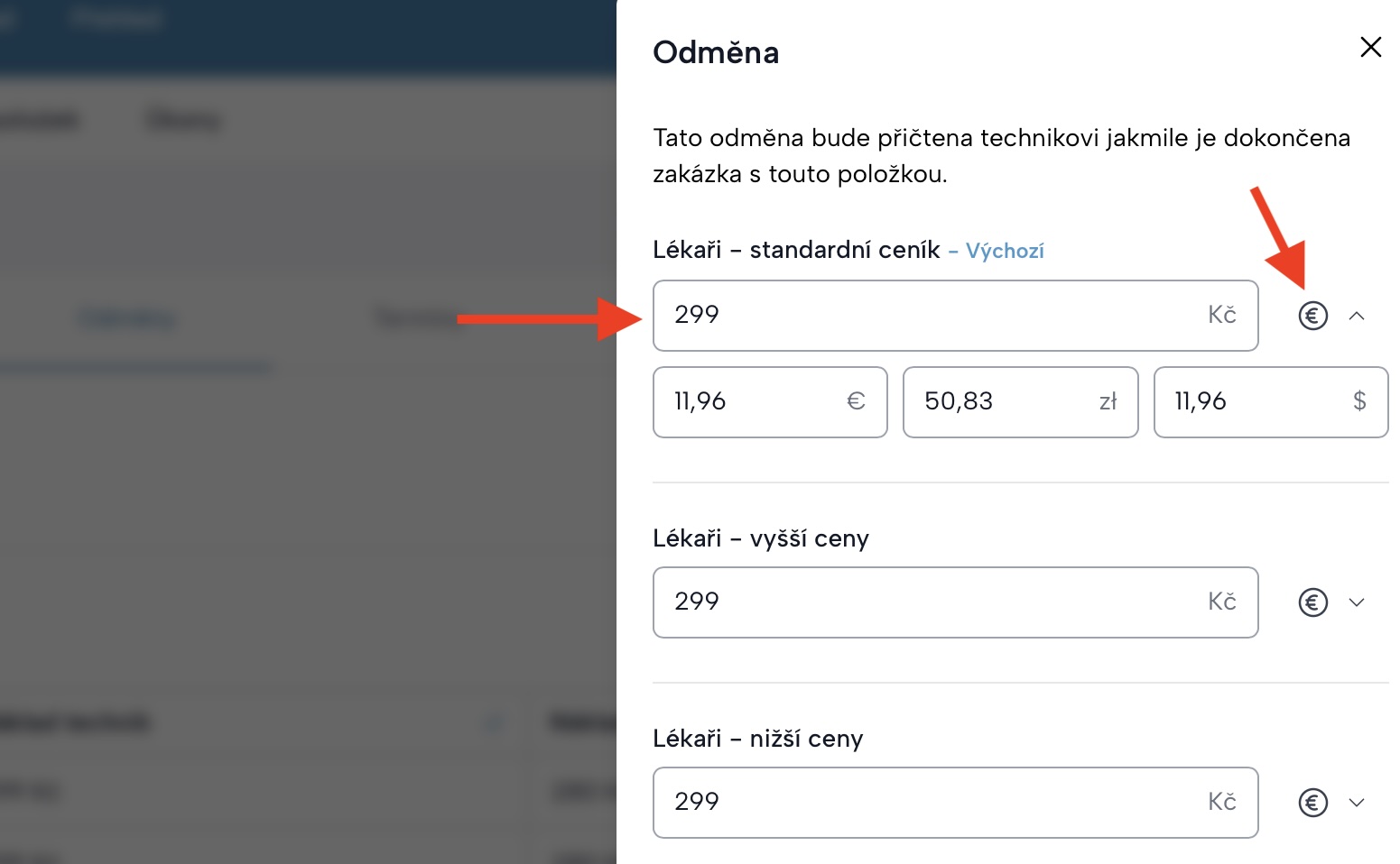Obrazovka postranního panelu pro editaci odměn techniků