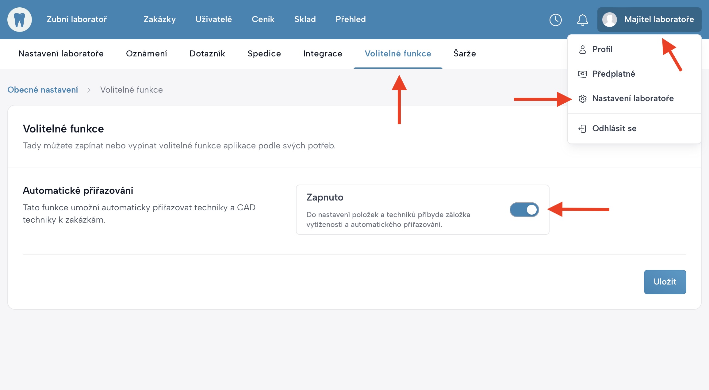 Obrazovka nastavení pro spuštění automatického přiřazování