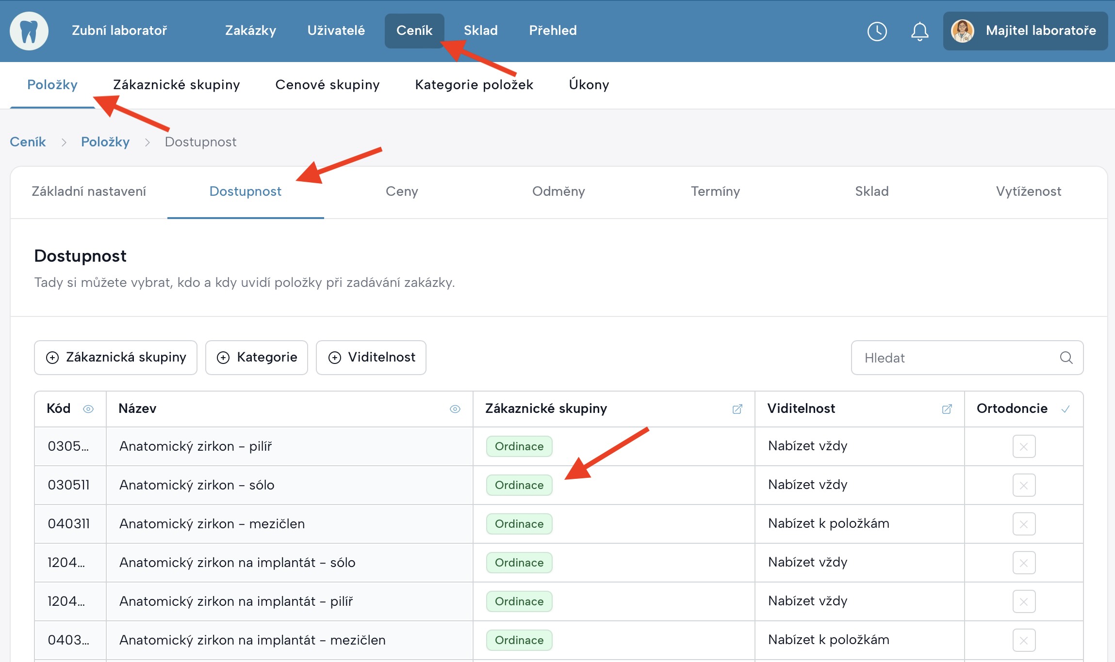 Obrazovka z přehledu položek v ceníku