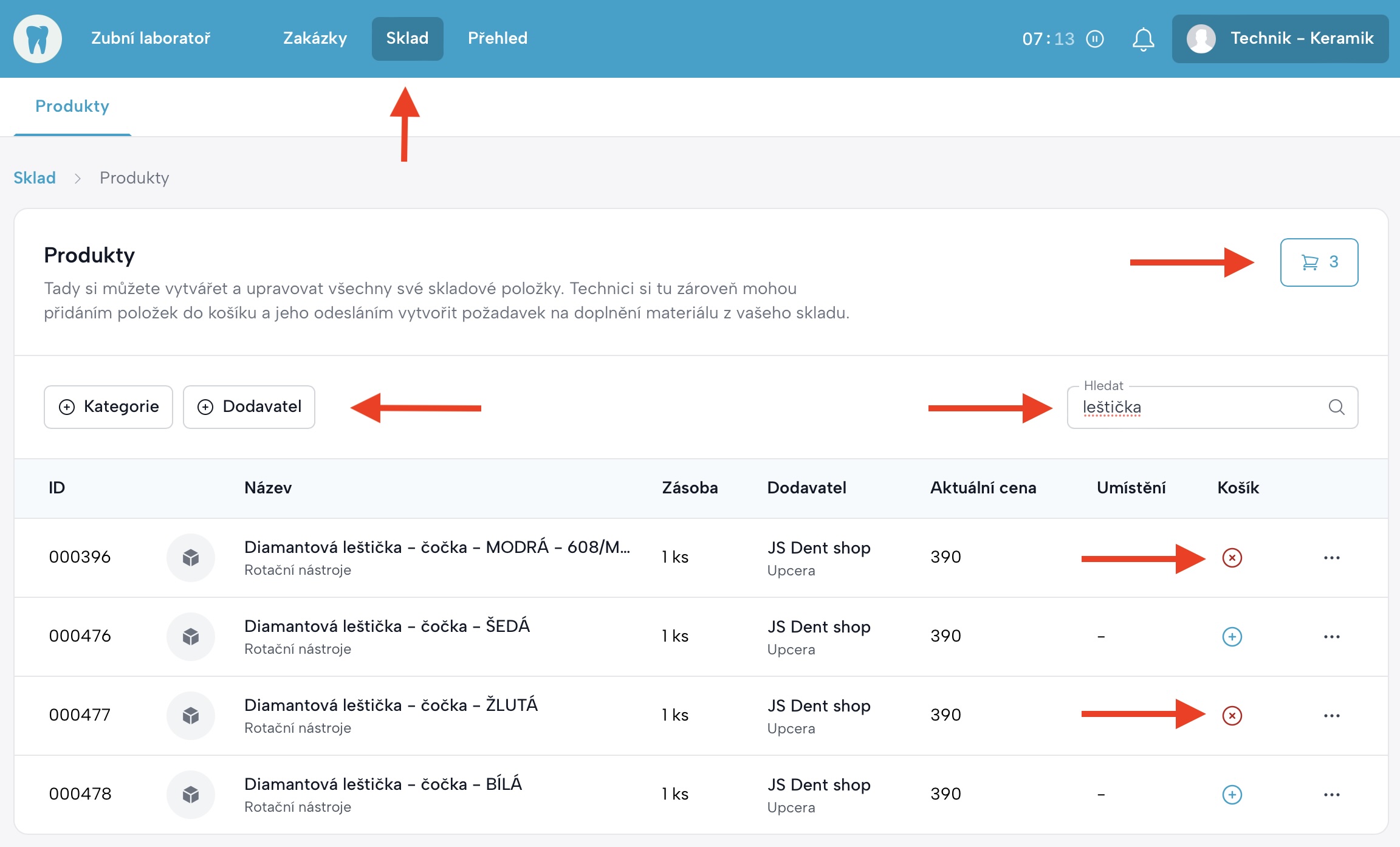 Jak technik přidává produkty do košíku pro požadavek