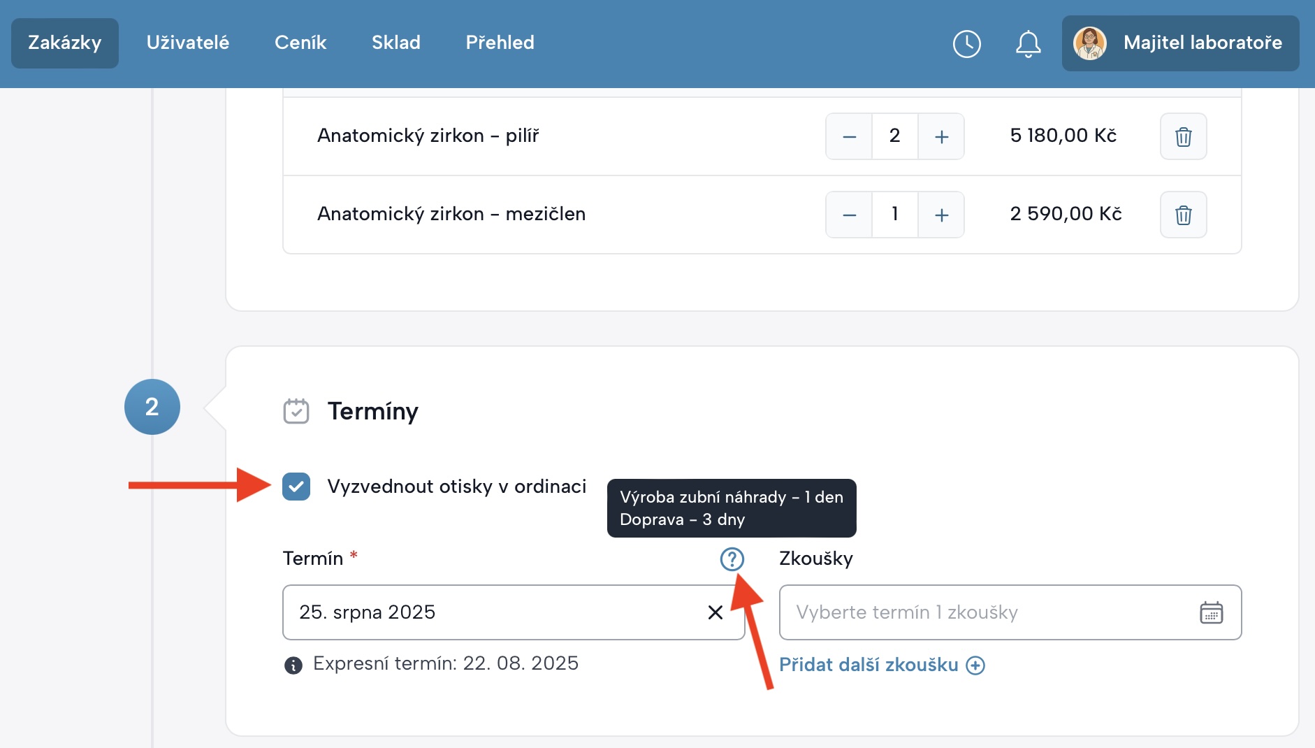 Obrazovka s volbou "Vyzvednout otisky v ordinaci" a zobrazením termínů zakázky