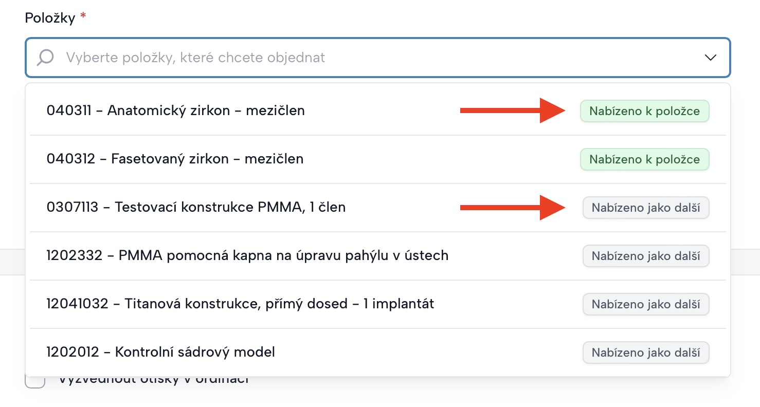 Obrazovka ukazující dymanickou nabídku položek při vytváření zakázky na základě jejich nastavení dostupnosti