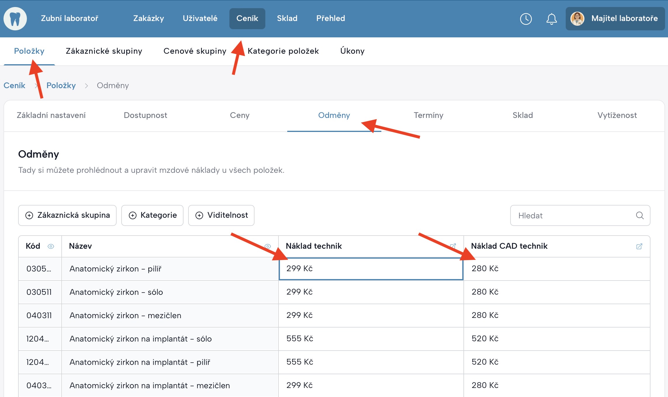 Obrazovka z přehledu odměn s označenými sloupci pro odměny techniků