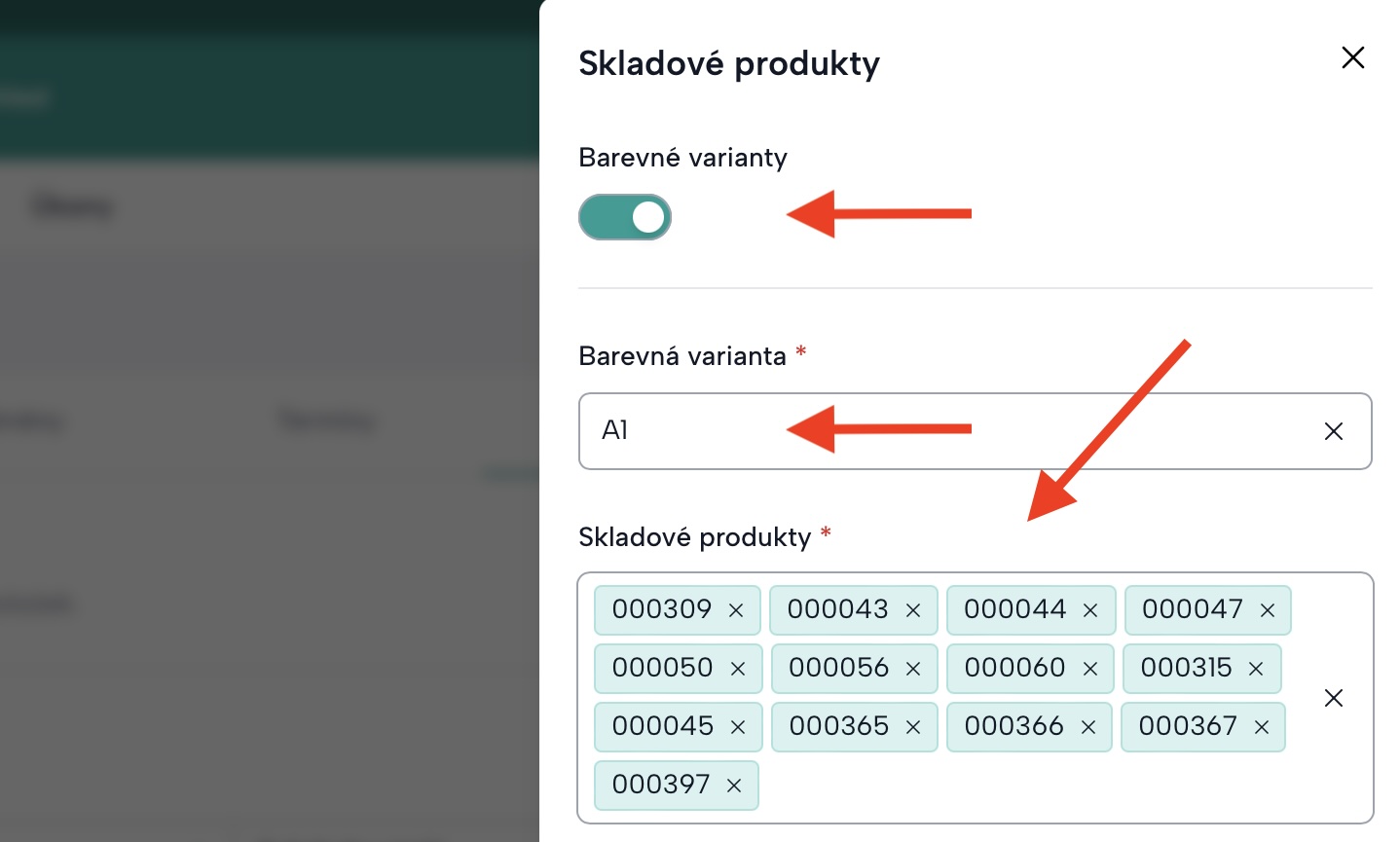 Obrazovka postranního panelu s ID čísly propojených skladových karet