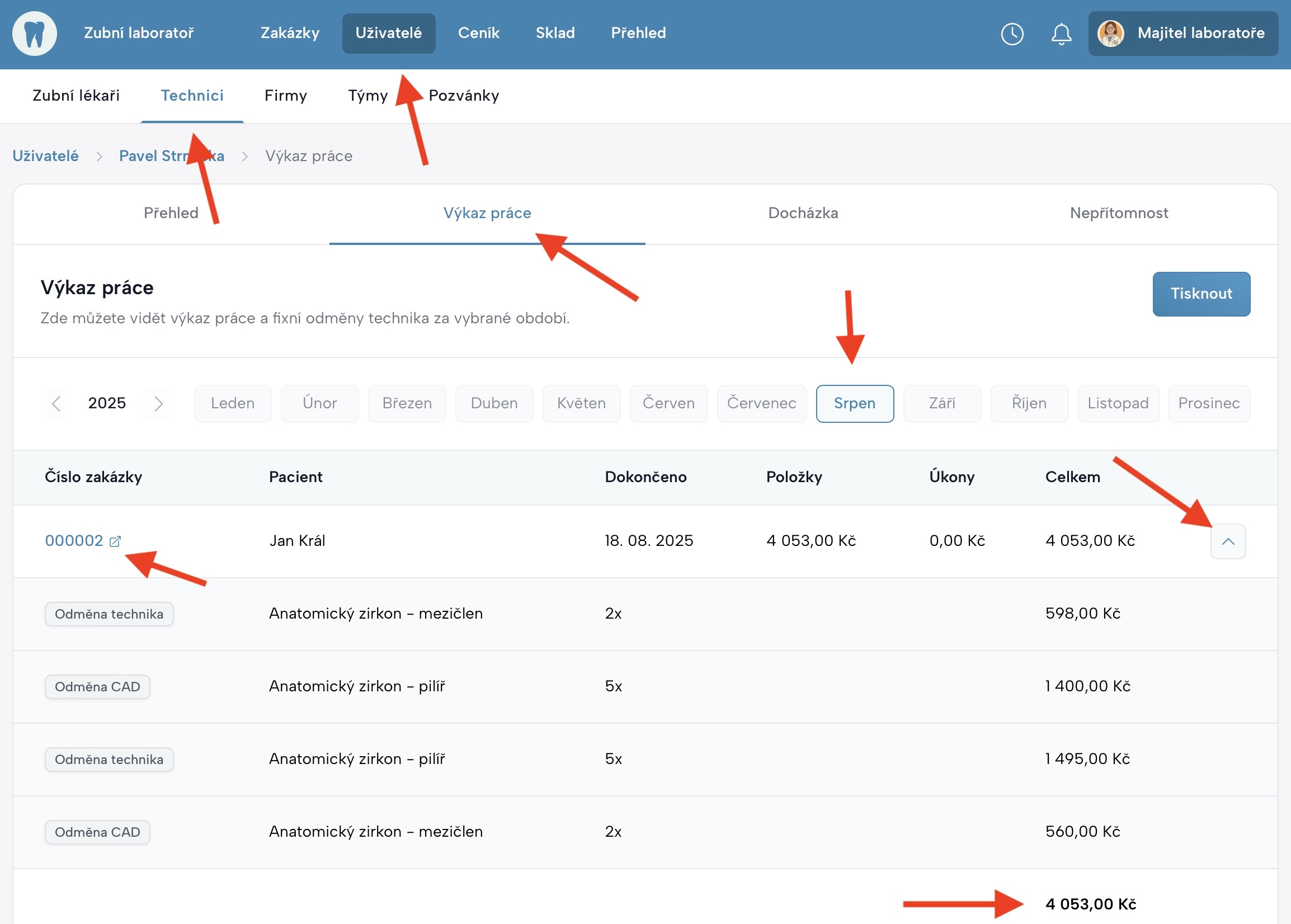 Výkaz práce – přehled všech techniků