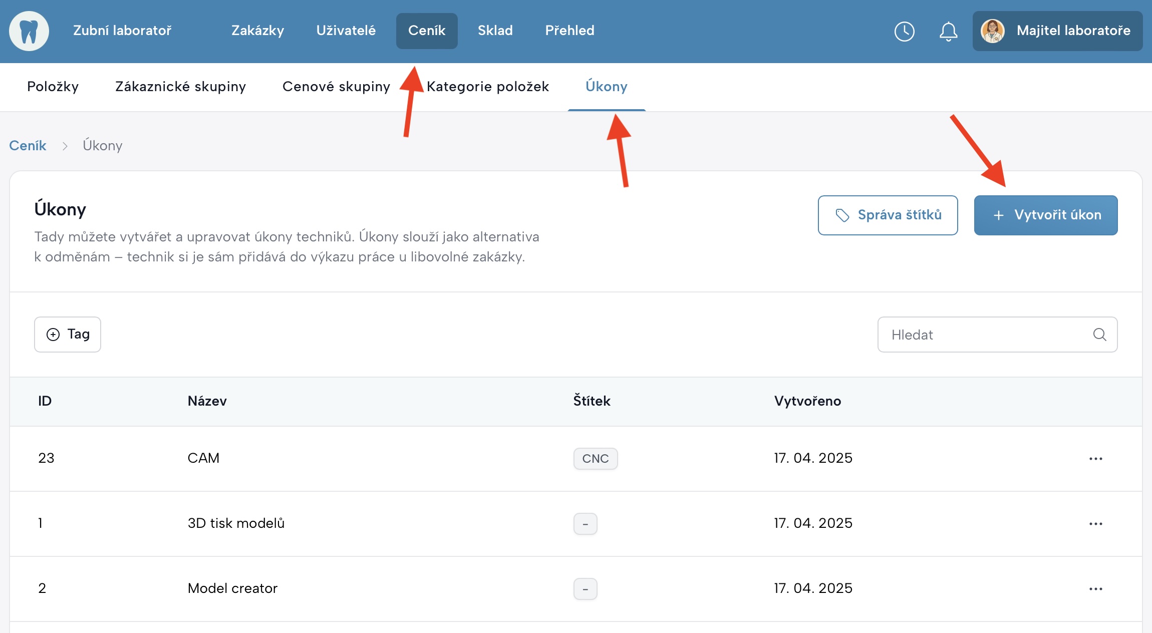 Obrazovka se seznamem definovaných úkonů