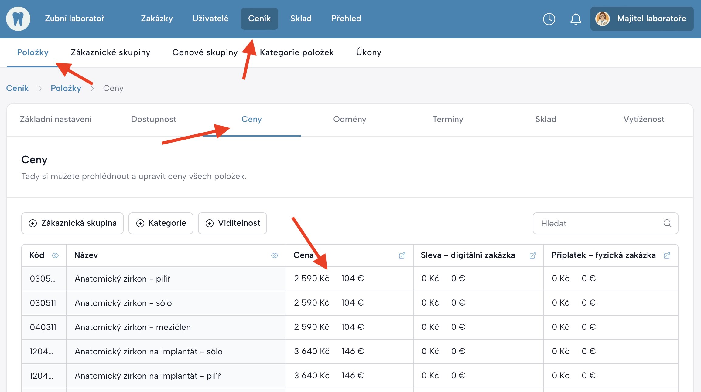 Obrazovka z přehledu ceníku