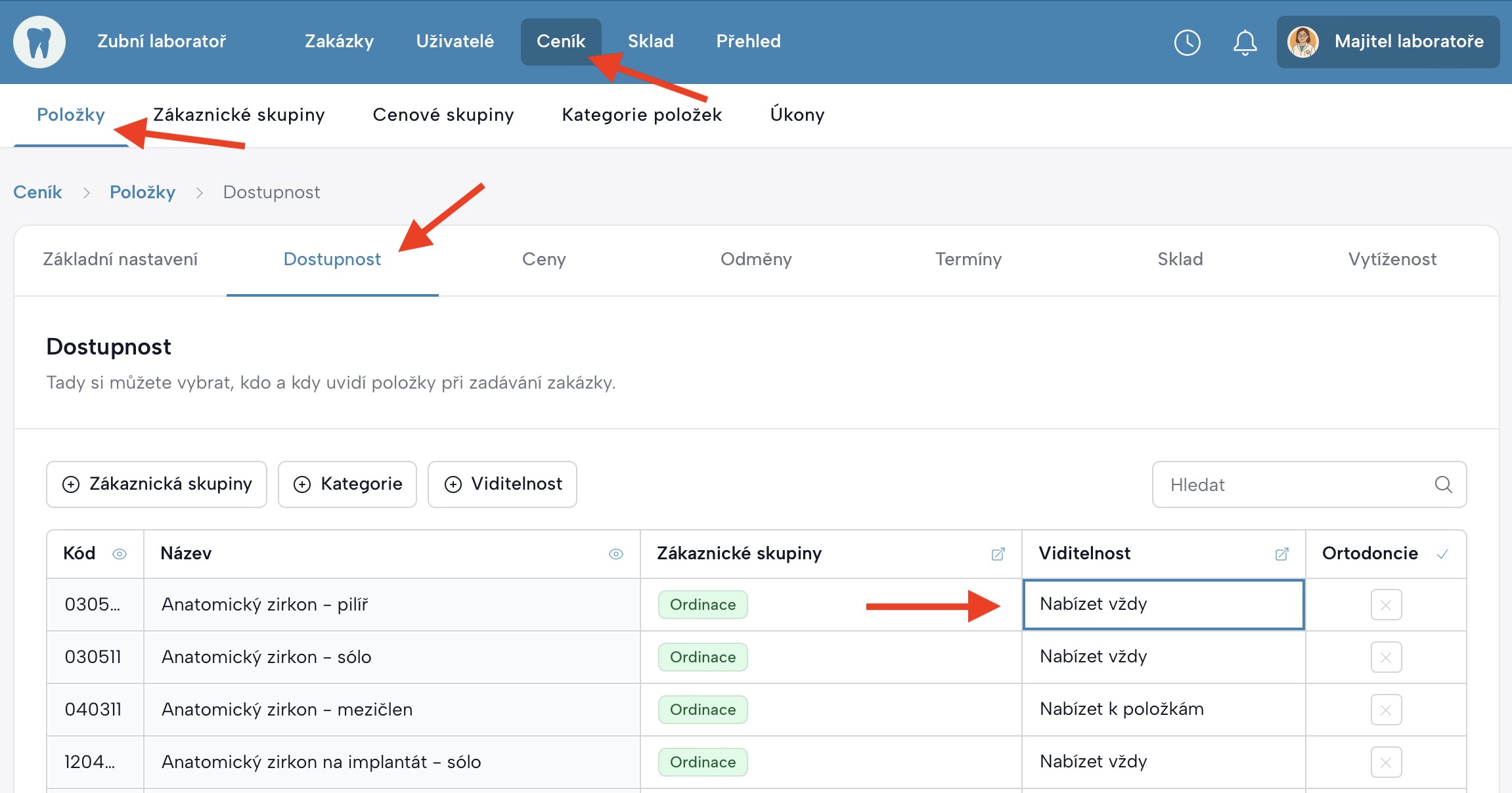 Obrazovka z detailu ceníku se zvýrazněným sloupcem "Viditelnost", kde se nastavuje dostupnost položek
