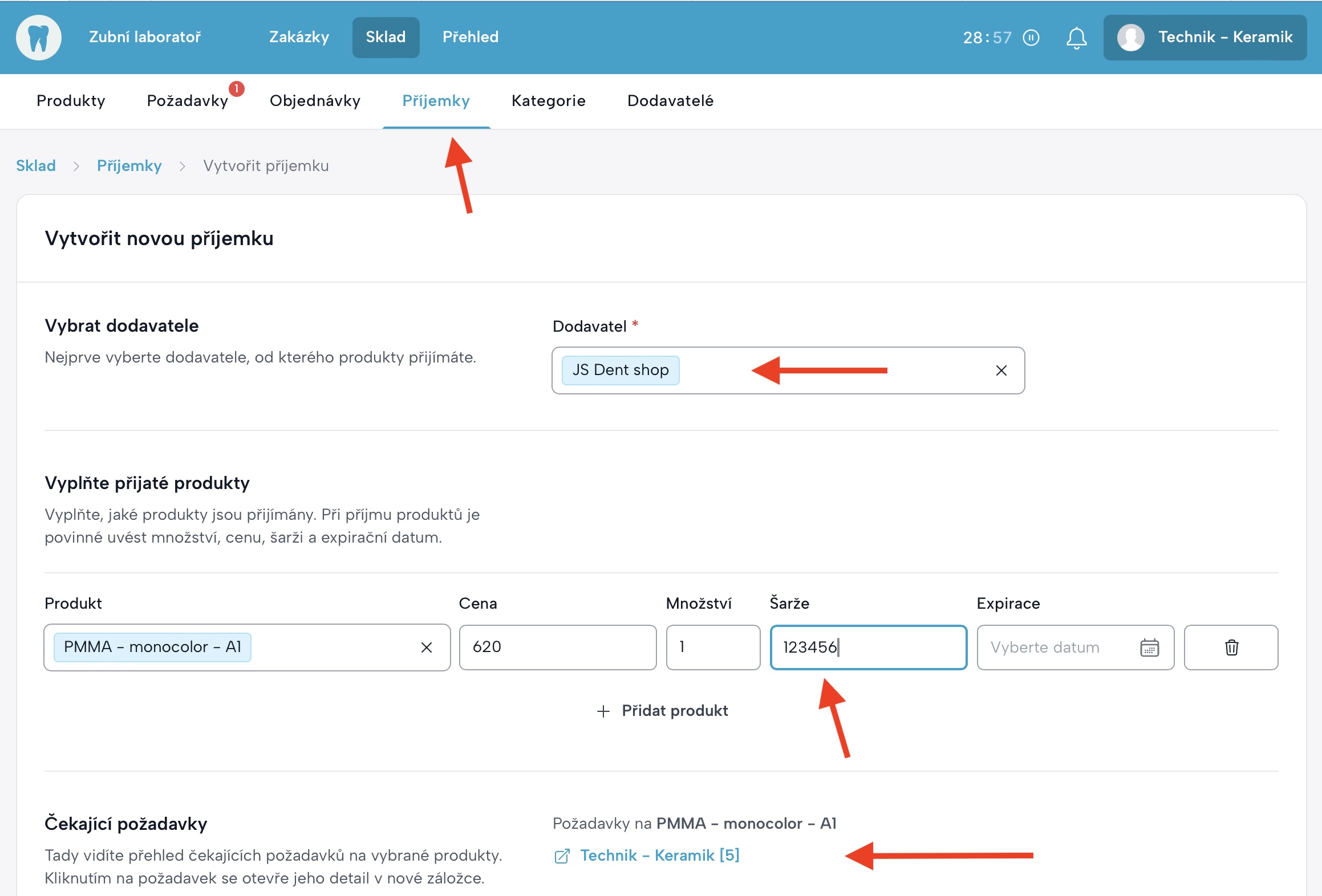 Obrazovka formuláře pro vytvoření příjemky