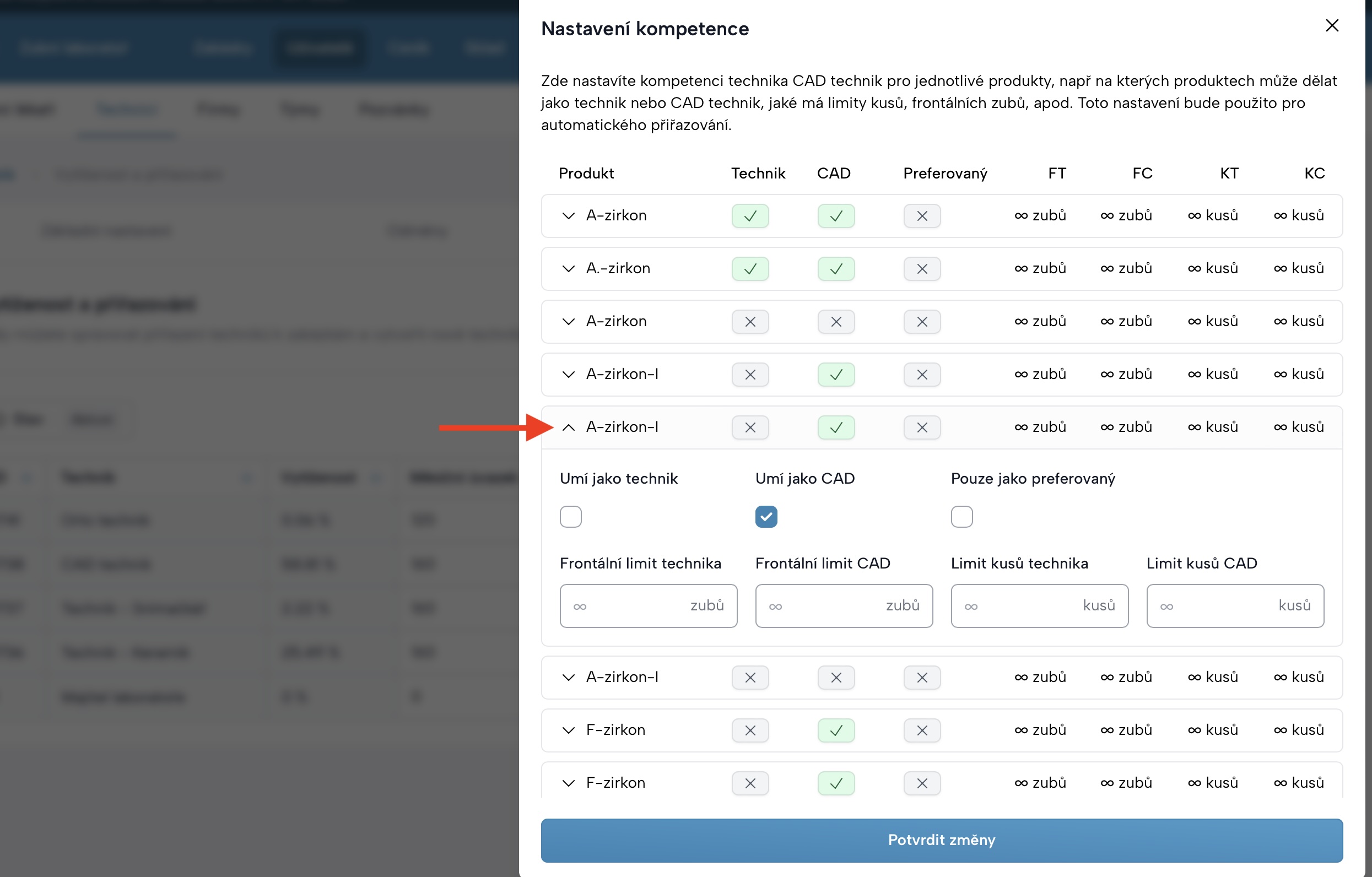 Obrazovka postranního panelu pro detailní nastavení kompetencí technika k položkám ceníku