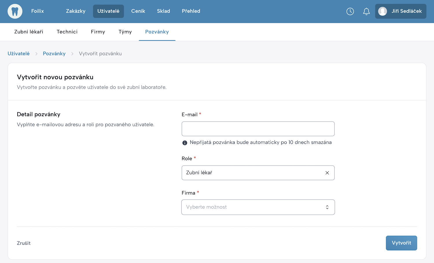 Formulář pro detail pozvánky lékaře s vyplněnými daty
