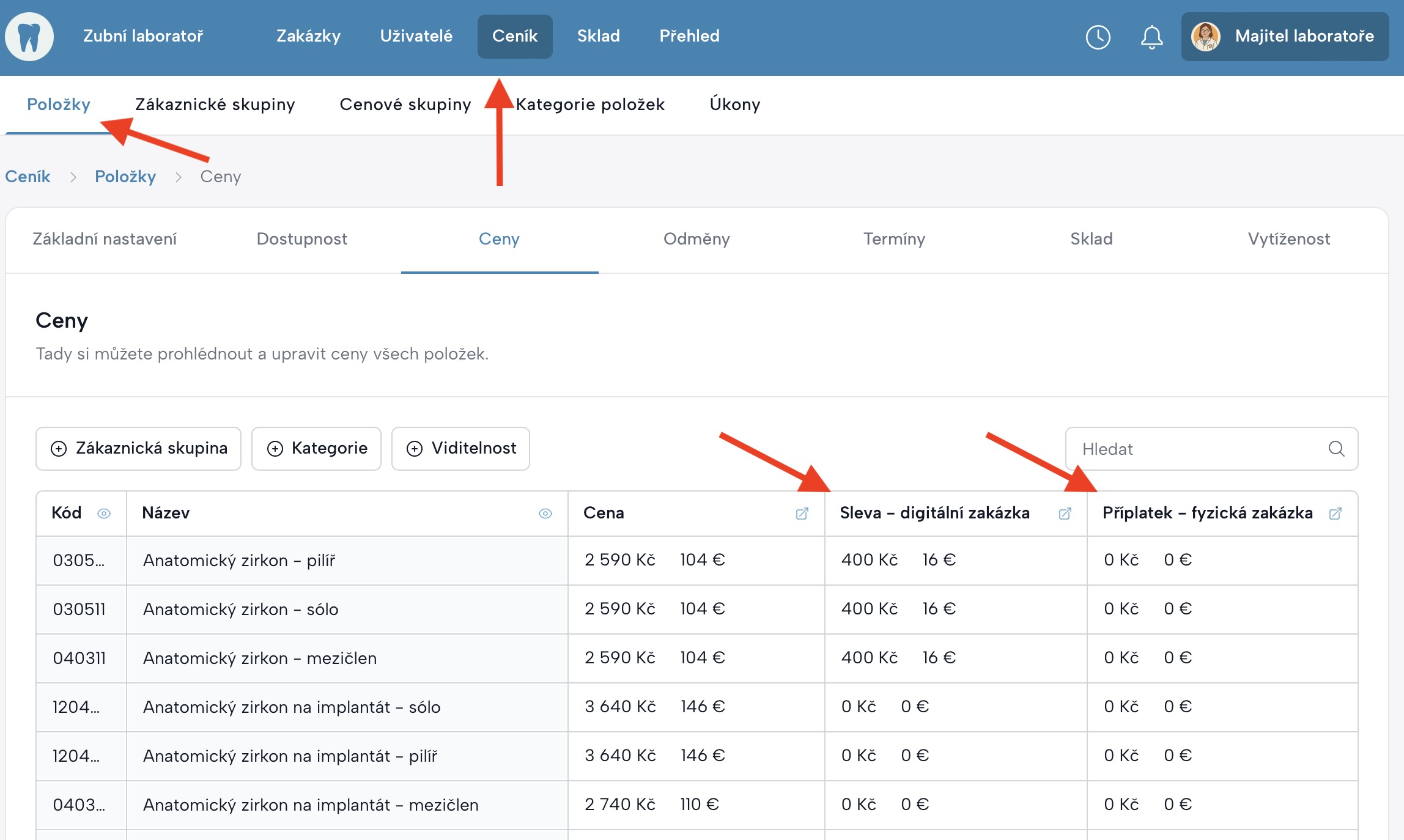 Obrazovka z ceníku s nastavením slevy pro digitální zakázku a příplatku pro fyzickou zakázku u položek