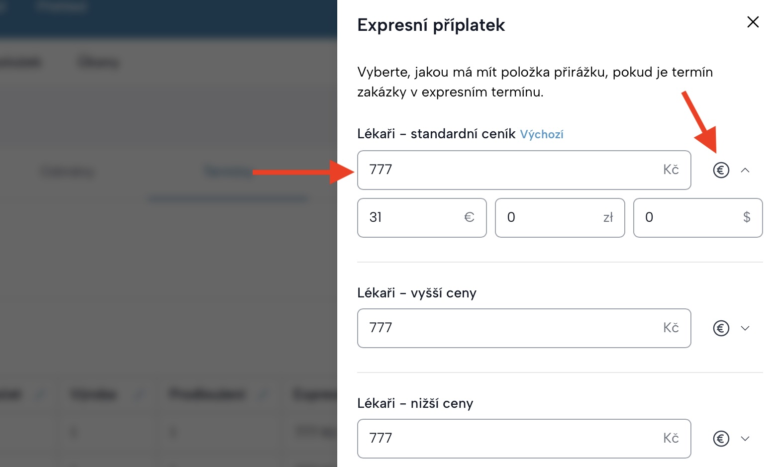 Obrazovka postranního panelu pro editaci expresního příplatku s možnostmi nastavení pro různé cenové skupiny a měny