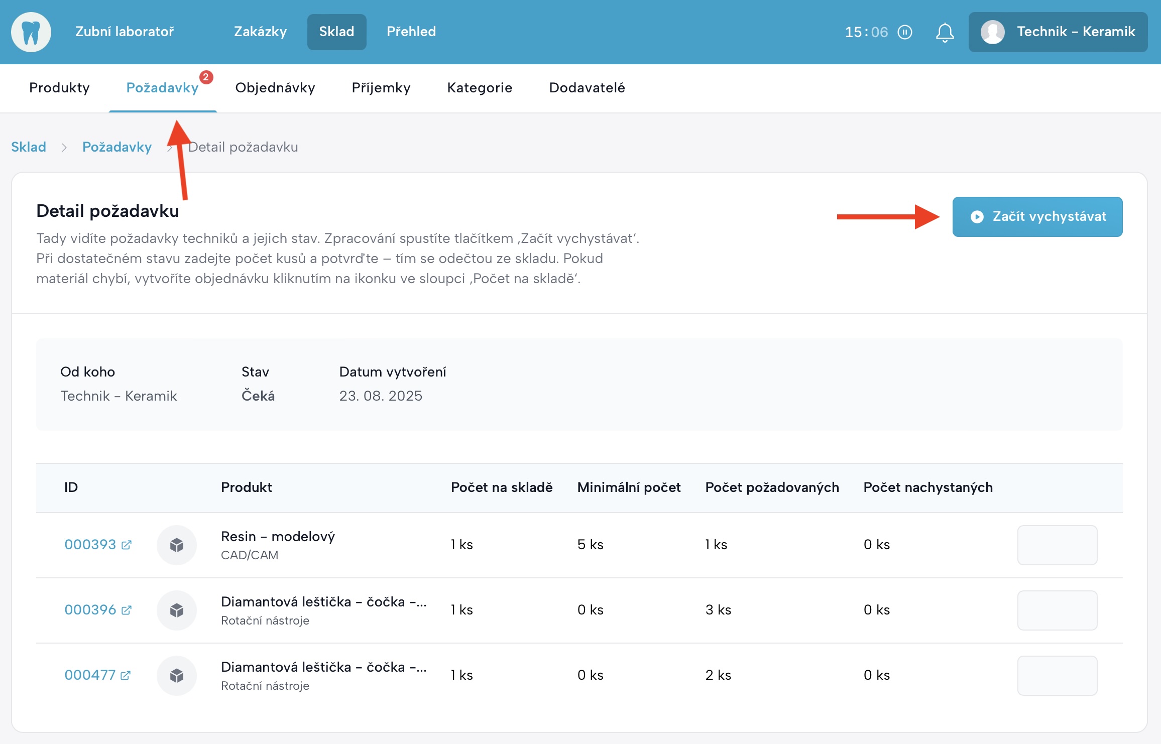 Detail požadavku s možností zahájit vychystávání