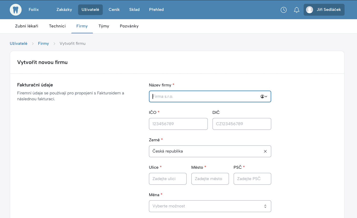Formulář pro vytvoření nové firmy