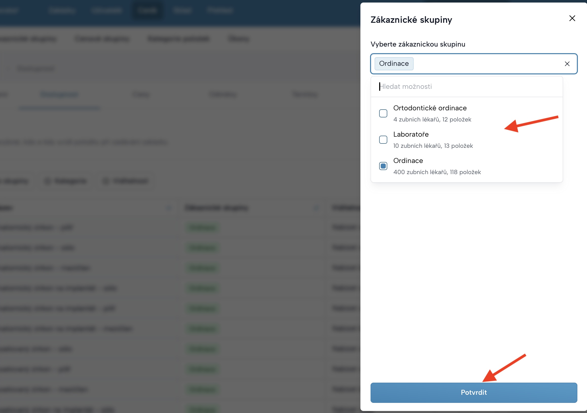 Obrazovka postranního panelu pro detailní přiřazení položek k zákaznickým skupinám