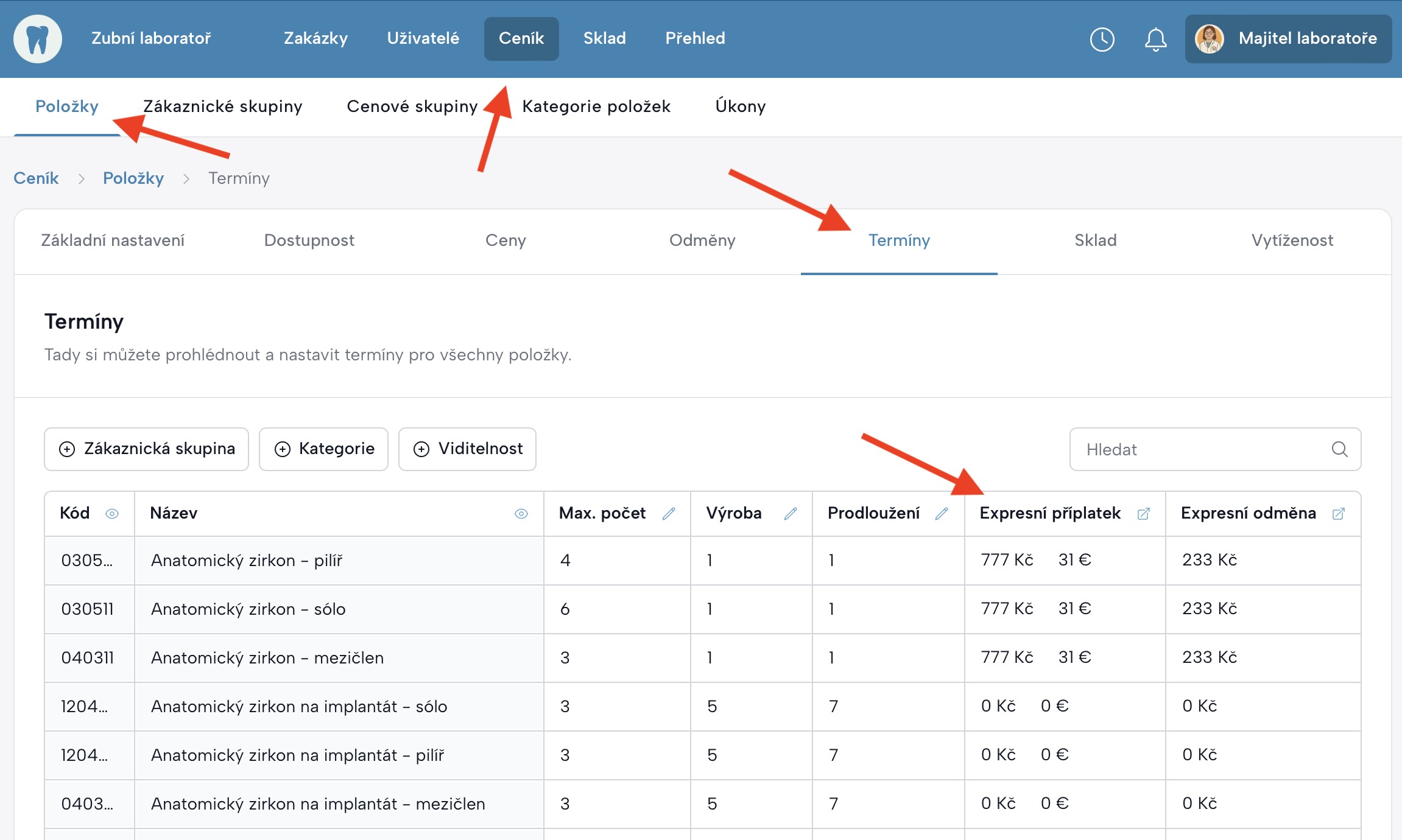 Obrazovka s nastavením expresní odměny