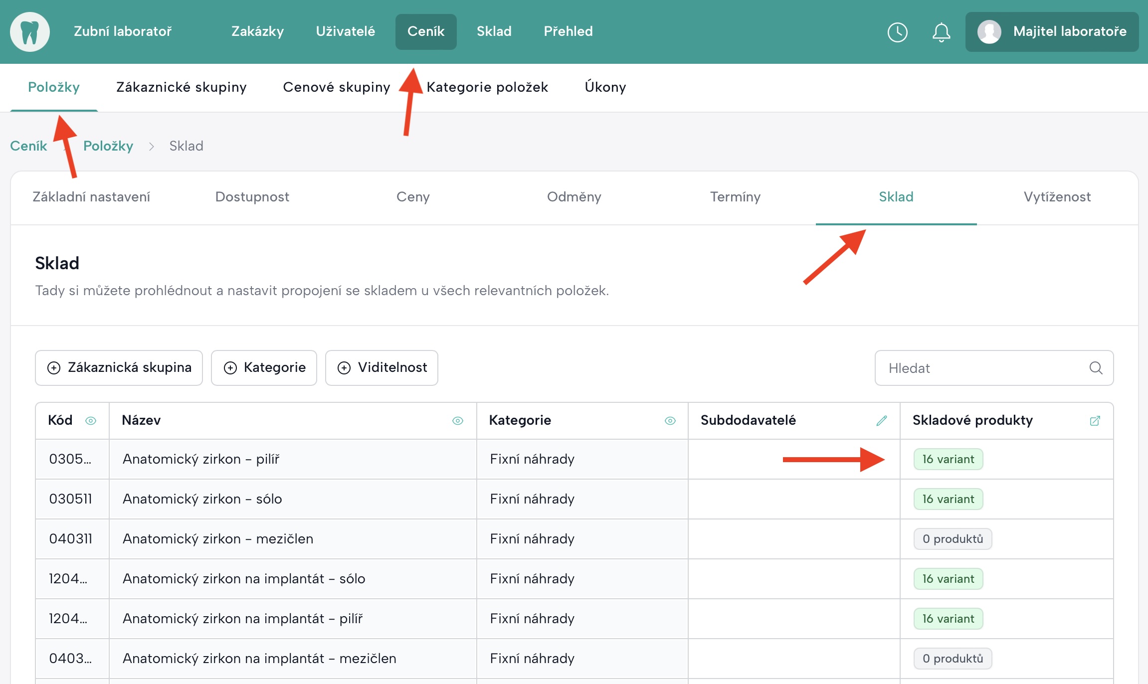 Obrazovka z přehledu ceníku ze sloupce "Skladové produkty" ukazující propojení se skladem