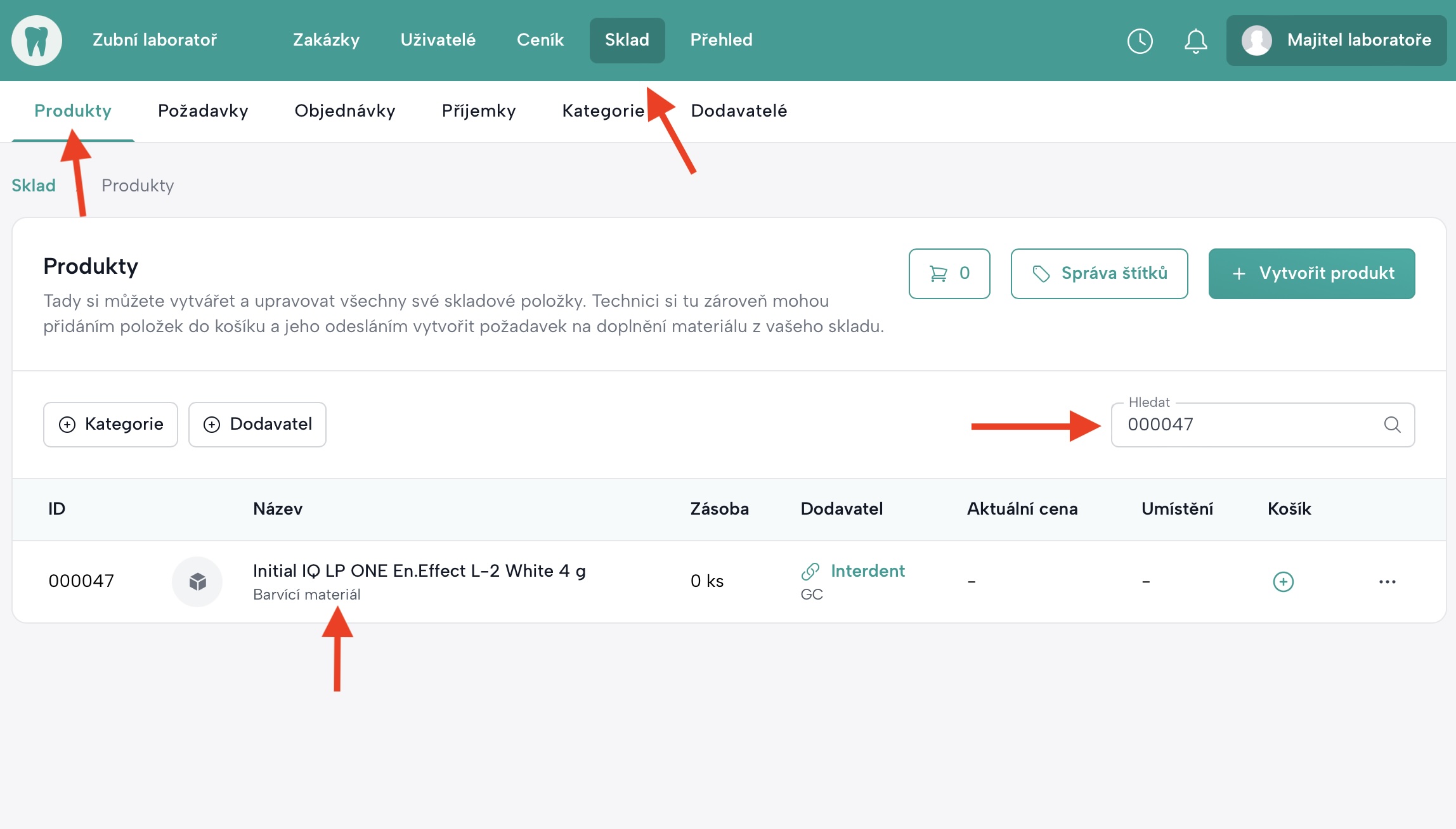 Obrazovka z modulu Produkty ve Skladu s vyhledávacím polem pro ID a přehledem produktů