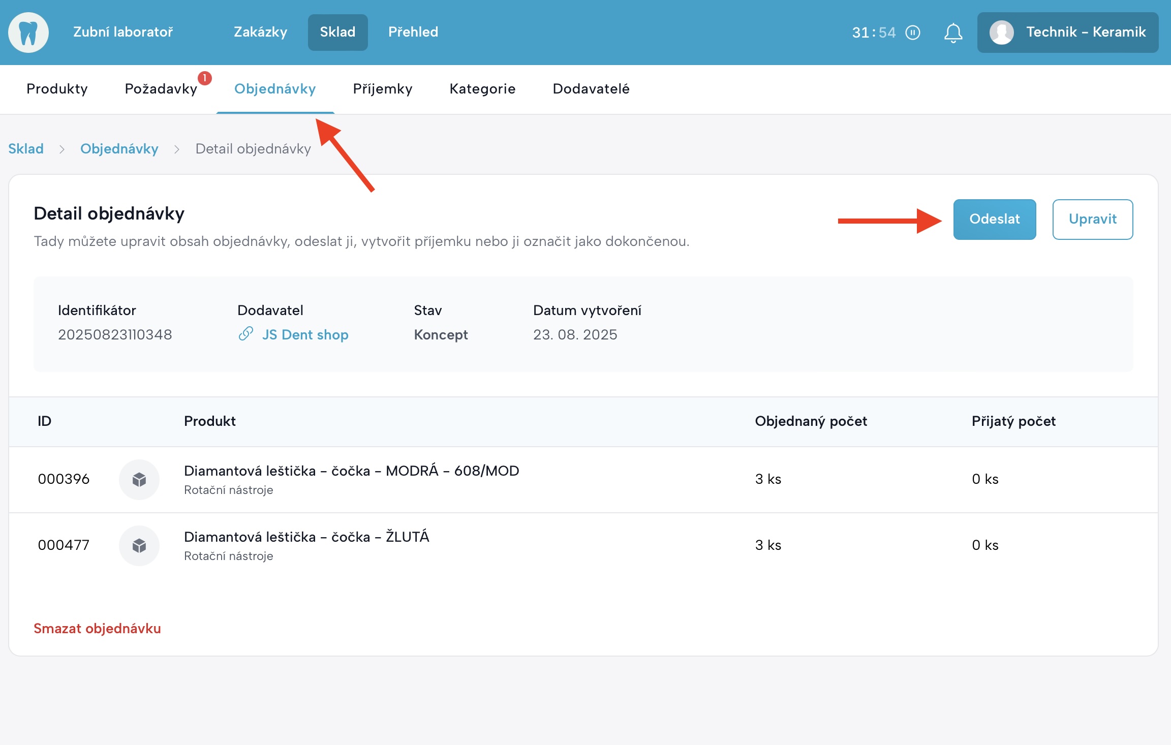 Detail objednávky před odesláním dodavateli