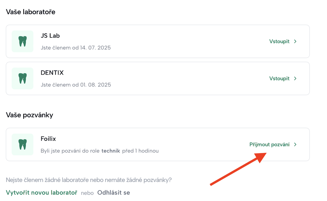 Stránka pro přijmutí pozvánky do laboratoře