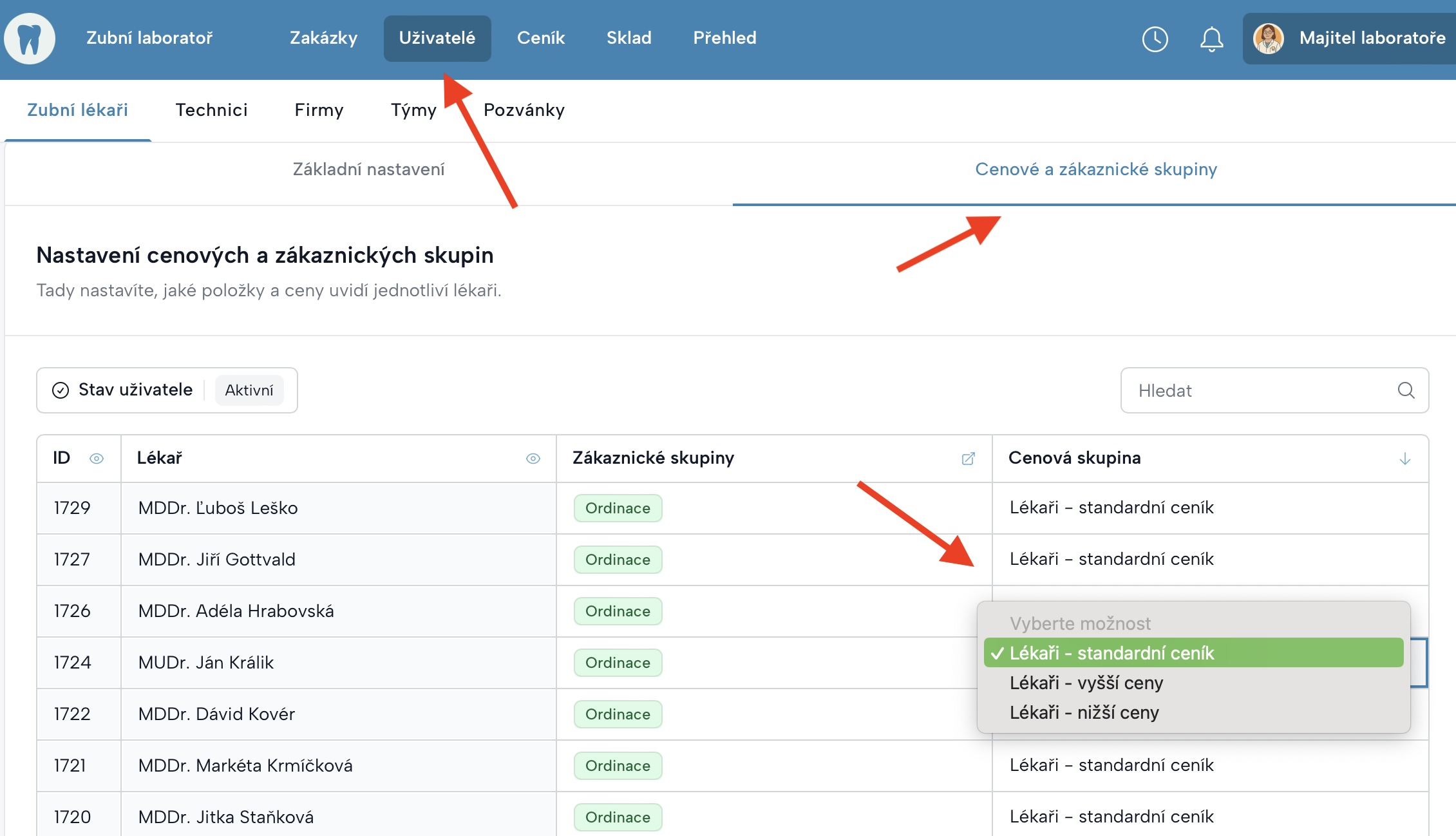 Obrazovka se seznamem lékařů a roletkou pro výběr cenové skupiny