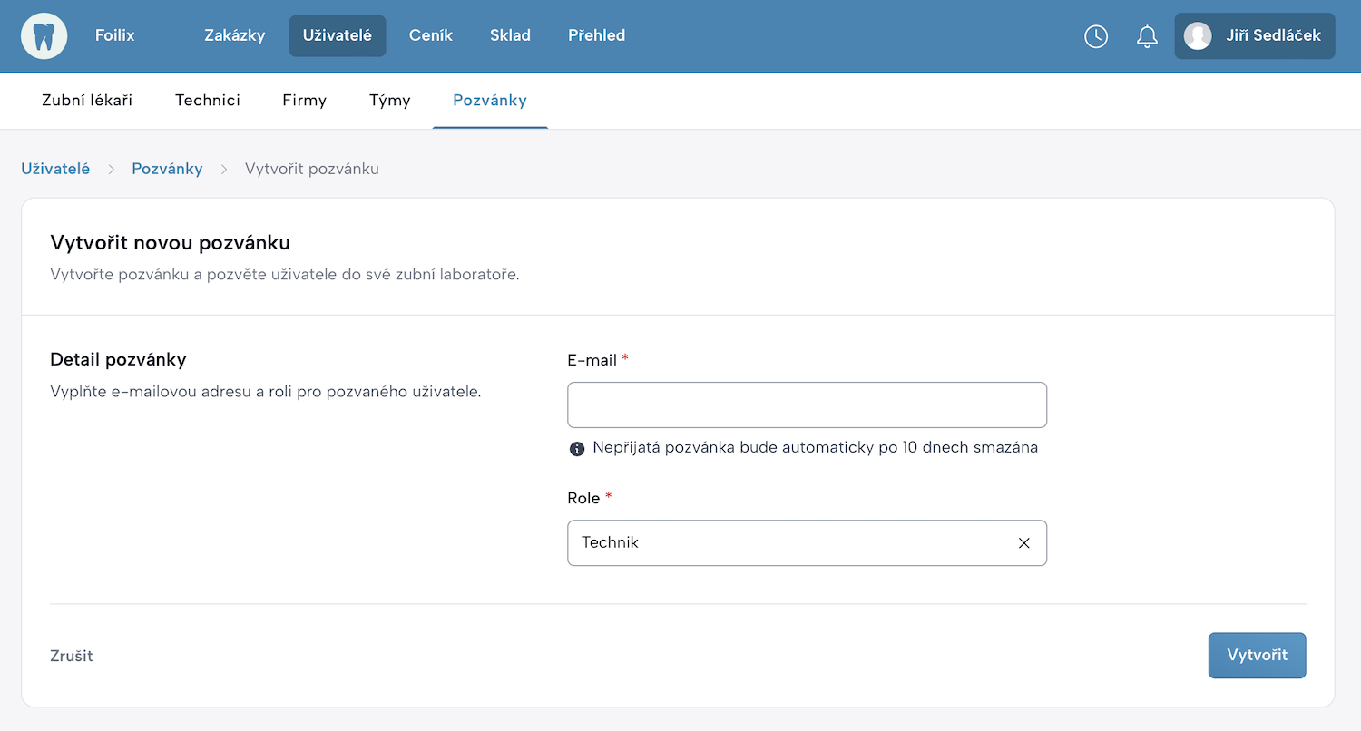Formulář pro detail pozvánky technika