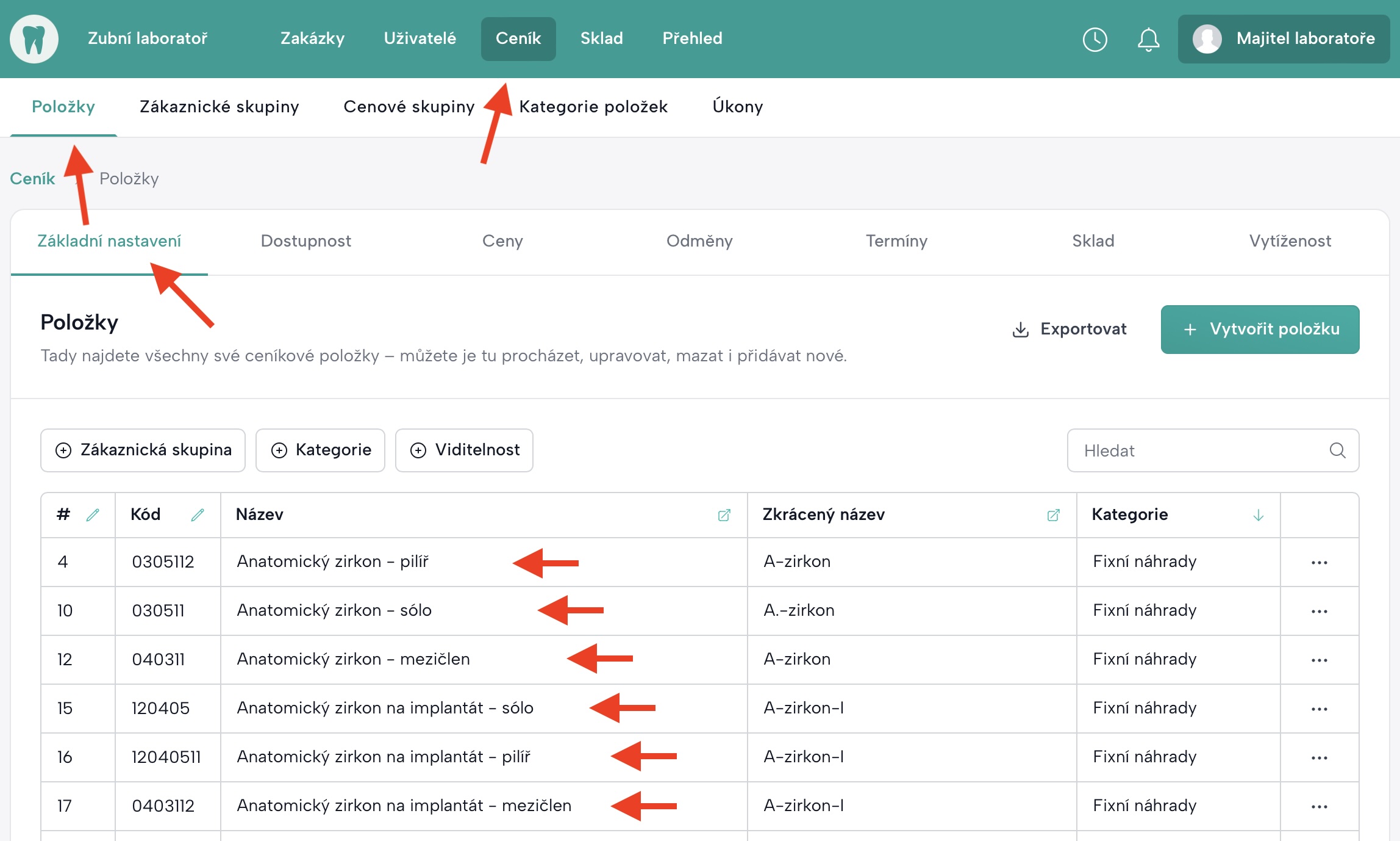 Obrazovka z nastavení položek s označenými poli pro Kód a Název